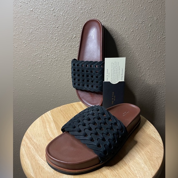 NWOT Rag & Bone Bailey Slide Black Leather Woven Textured Sandal Women’s 8.5-9 - Picture 1 of 14